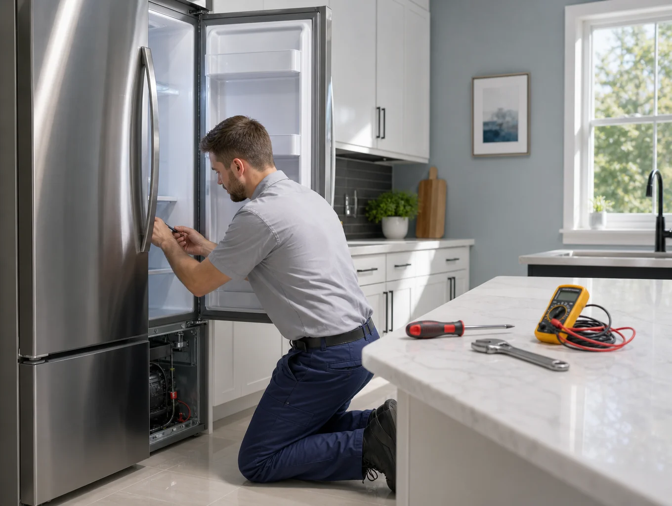 Technician inspecting an appliance for water leaks in Conyers GA