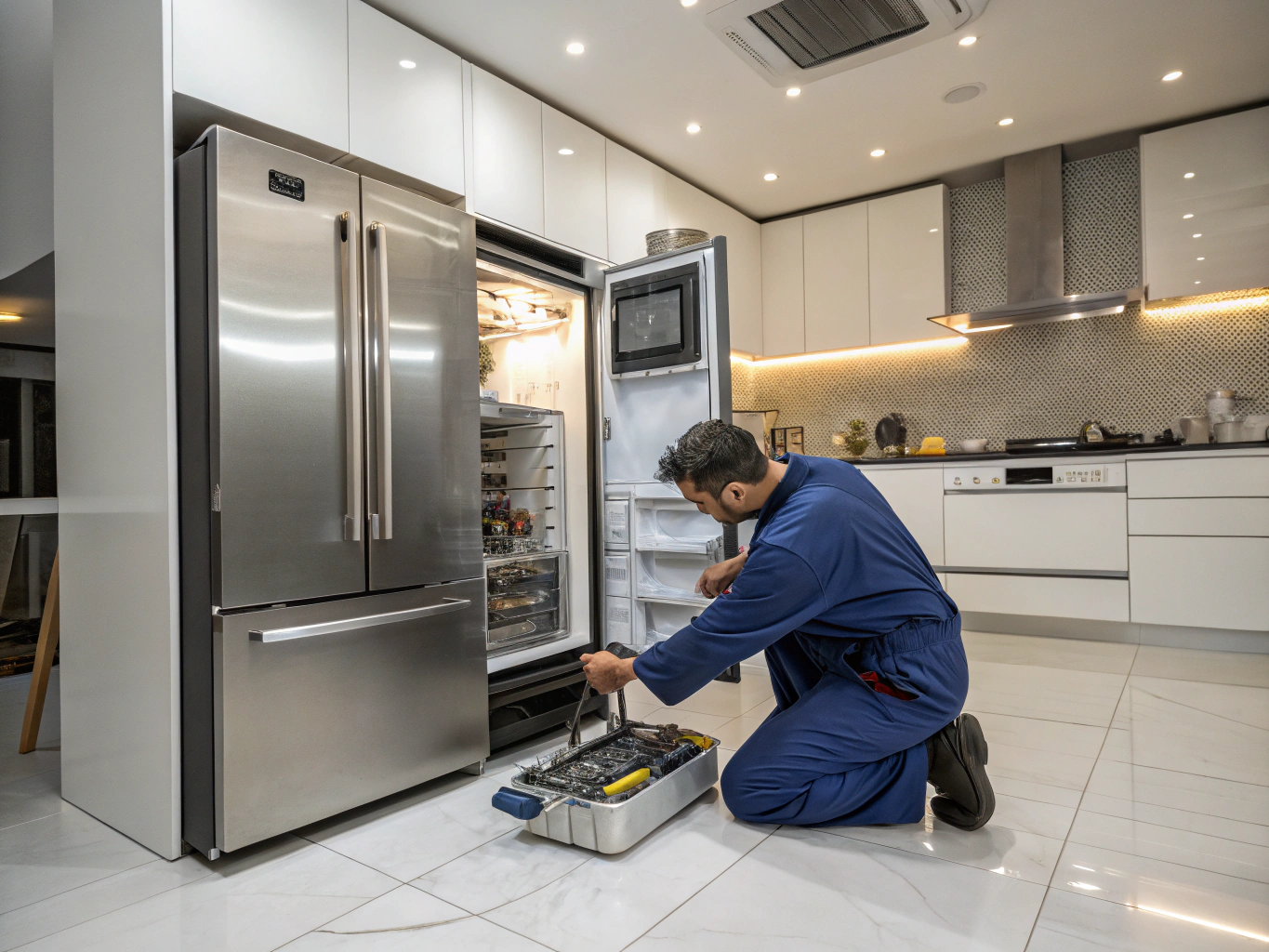 Professional technician repairing a modern kitchen appliance in Conyers