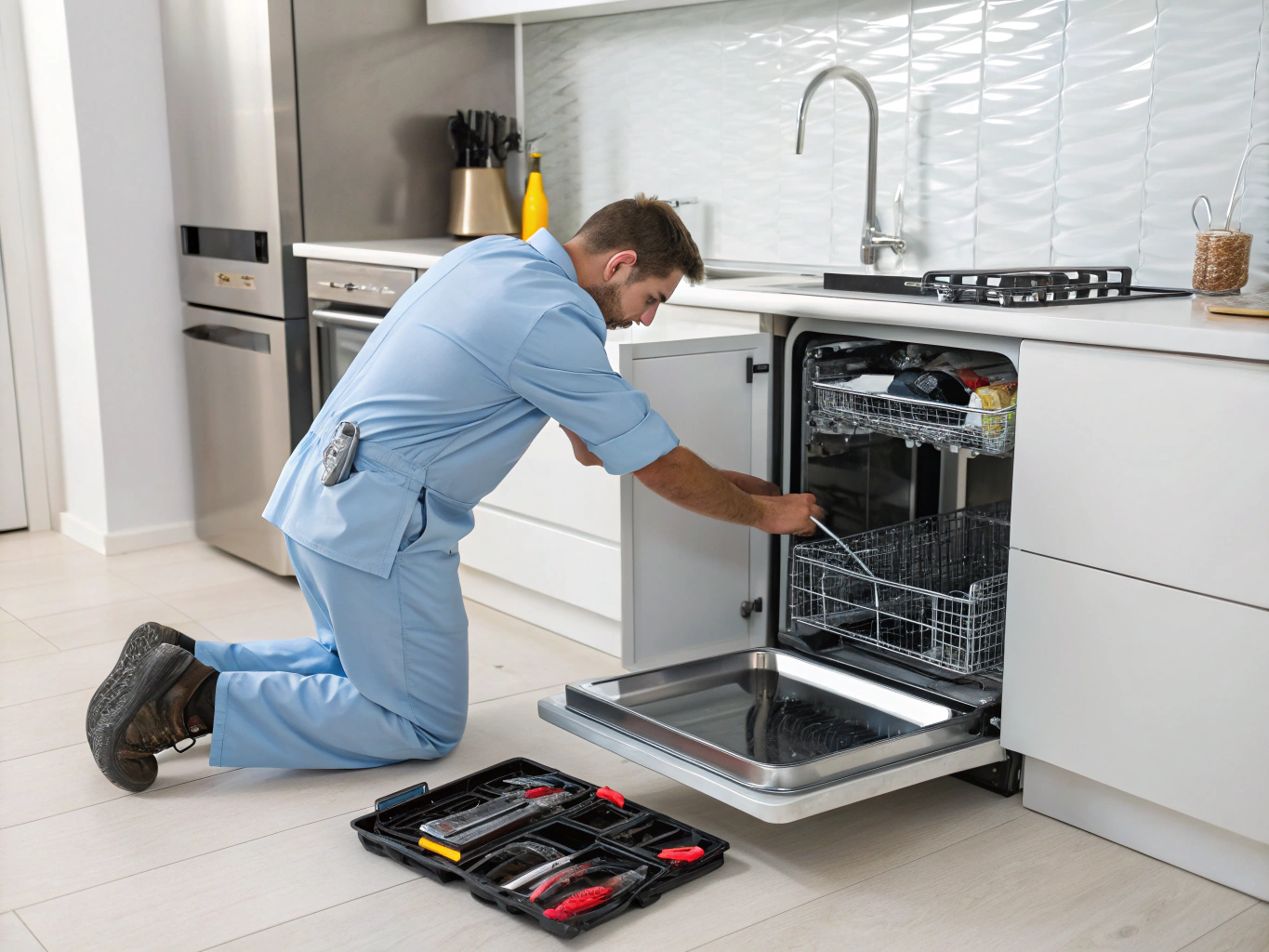 Technician clearing a dishwasher drain hose blockage