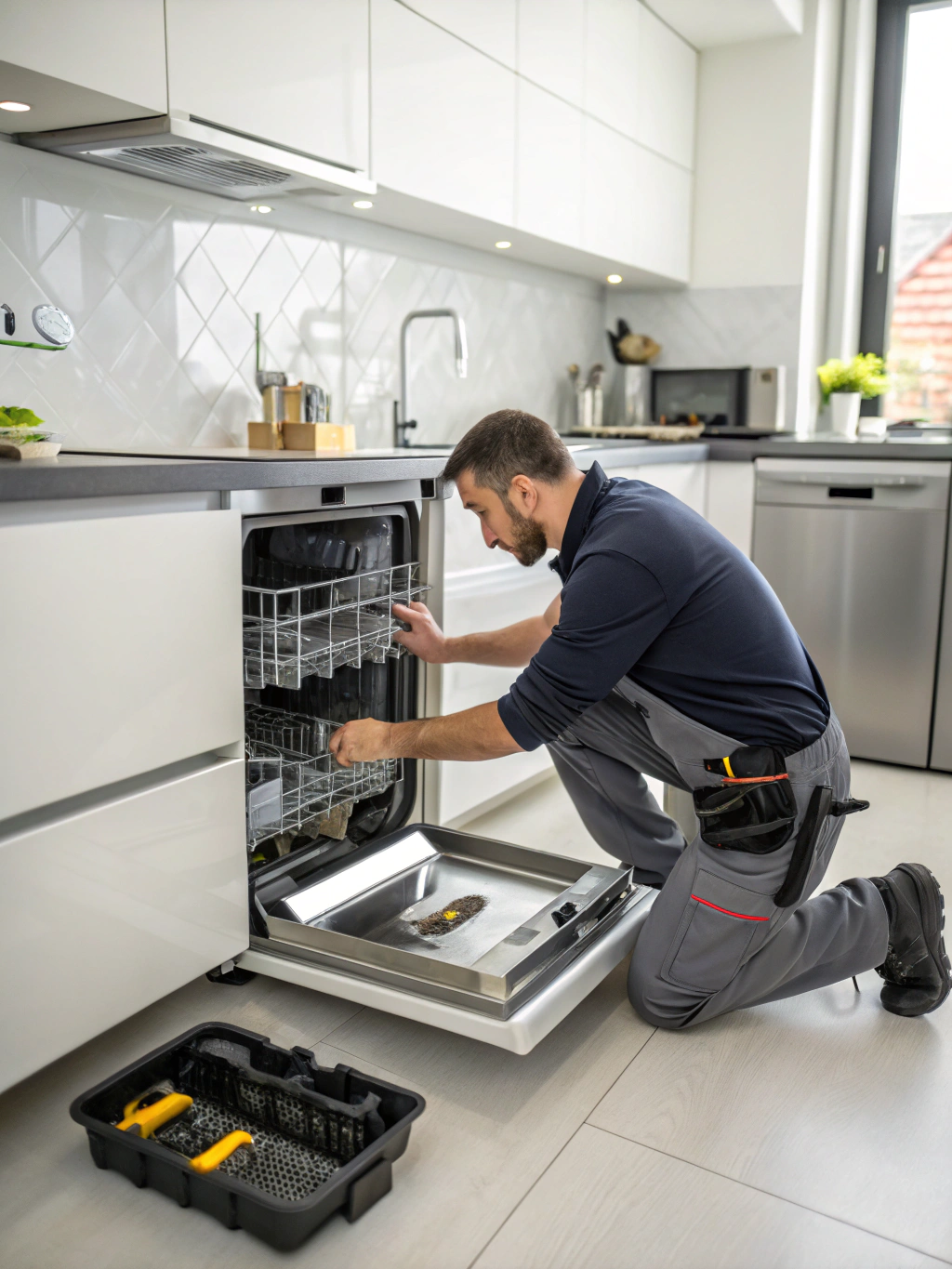 Certified appliance repair technician inspecting a dishwasher in Conyers GA home