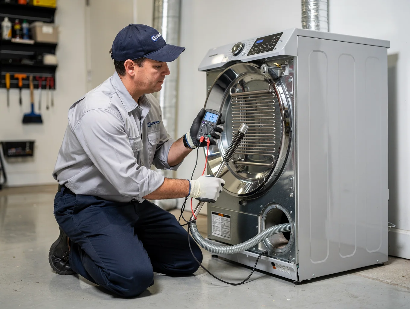 Professional technician performing dryer repair in Conyers Georgia home