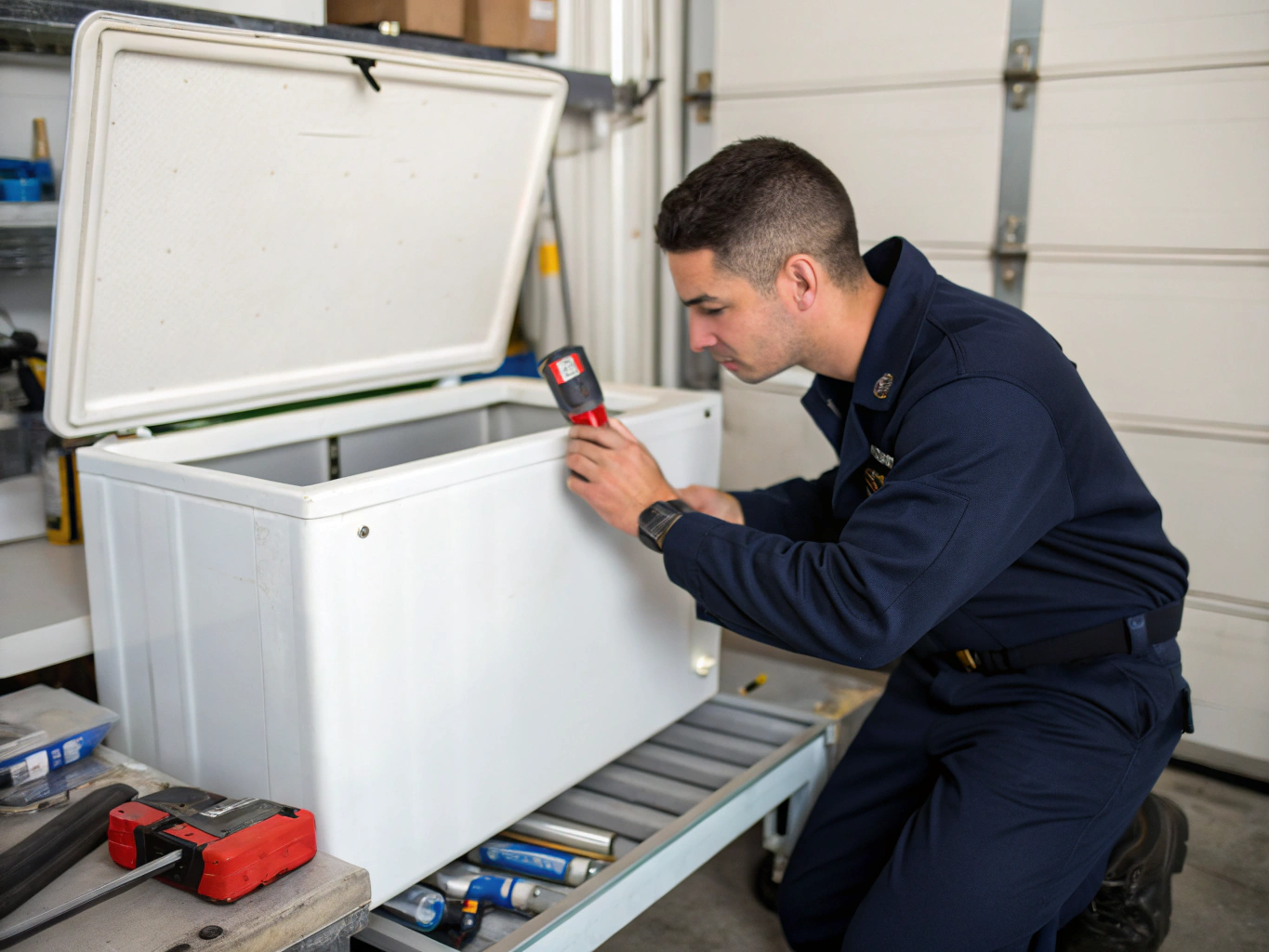 Checking evaporator fan motor inside freezer unit