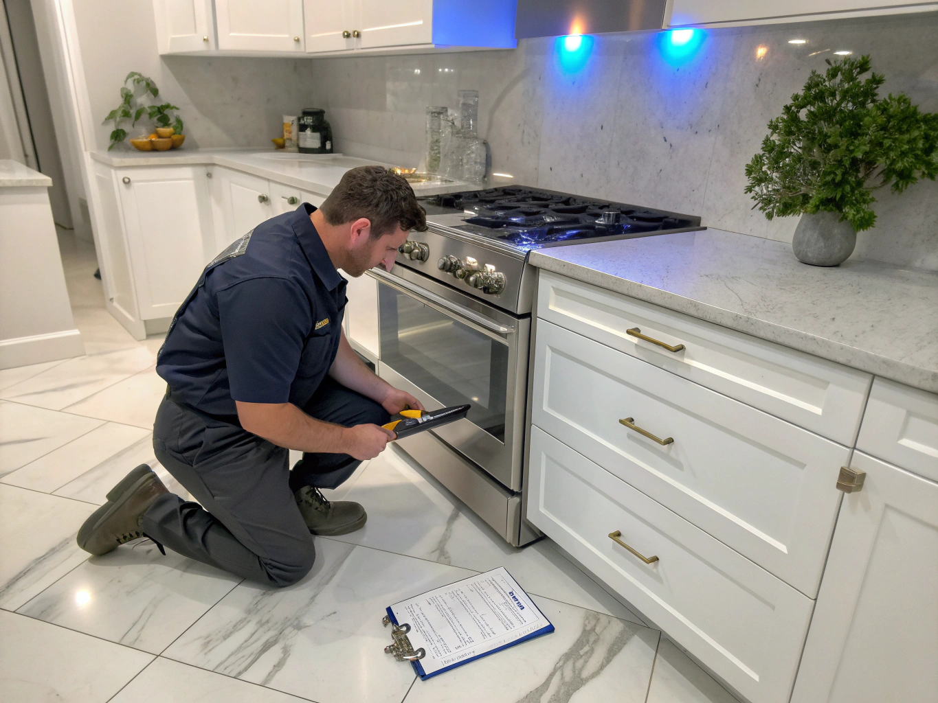 Certified technician inspecting a gas range burner in Conyers GA