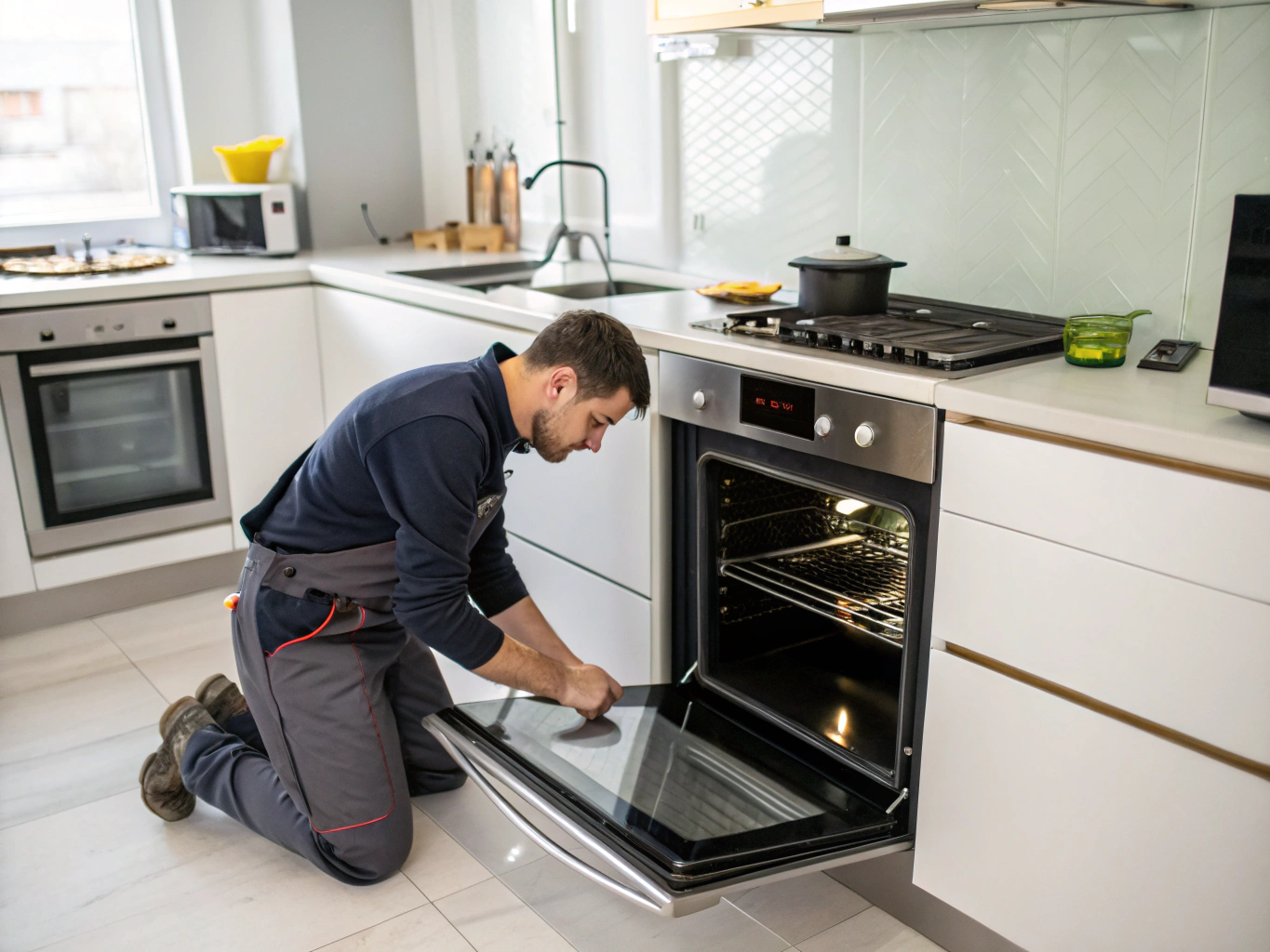 Certified technician inspecting gas stove burner ignition components in Conyers GA