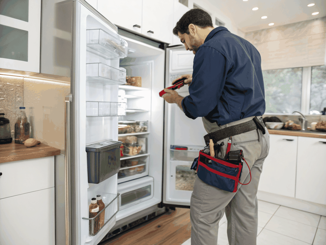 Technician inspecting a refrigerator ice maker assembly