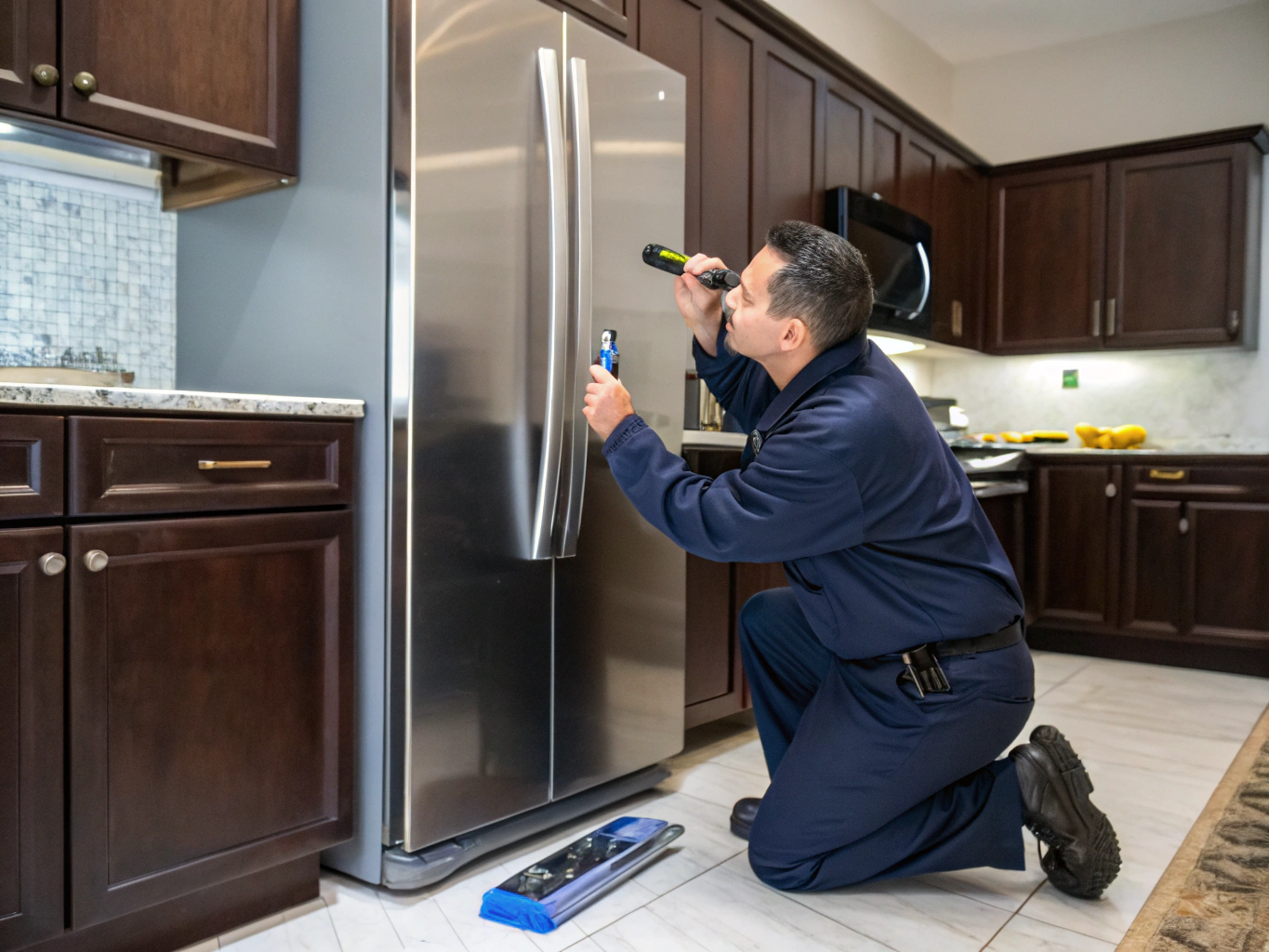 Professional technician inspecting a modern refrigerator ice maker in Conyers GA