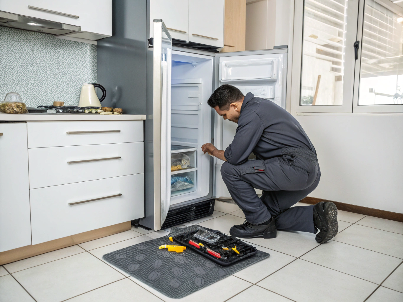 Technician repairing refrigerator ice maker unit