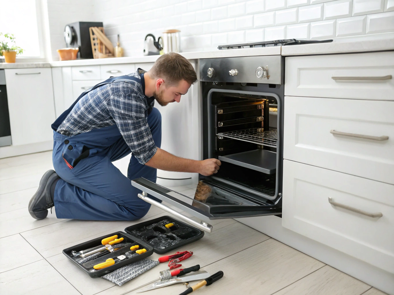 Professional appliance technician repairing an oven unit in Conyers GA kitchen