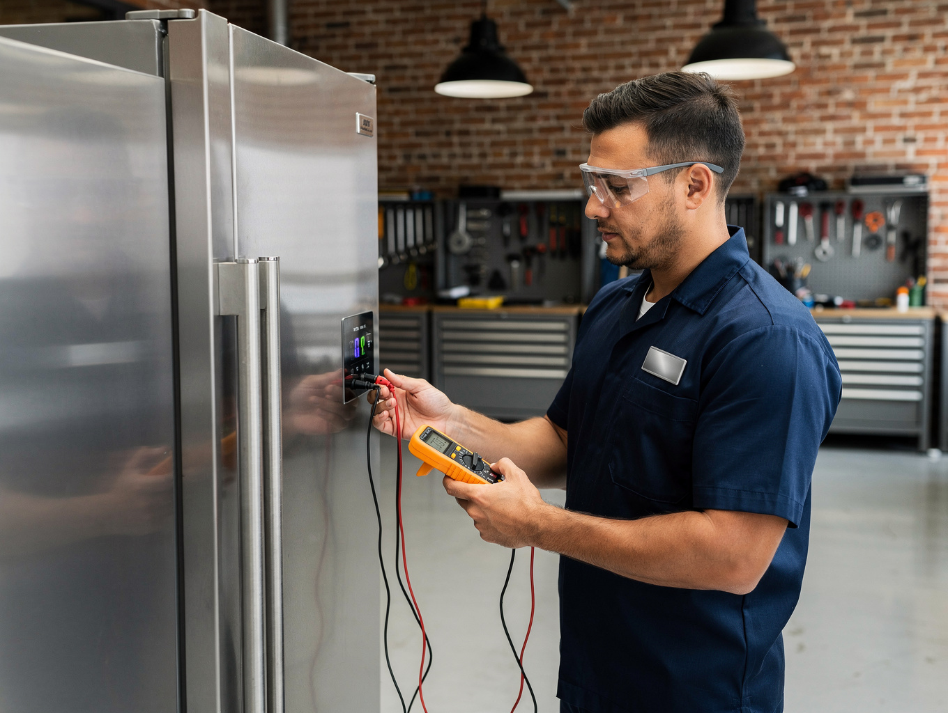 Licensed technician inspecting a refrigerator cooling component in Conyers, GA