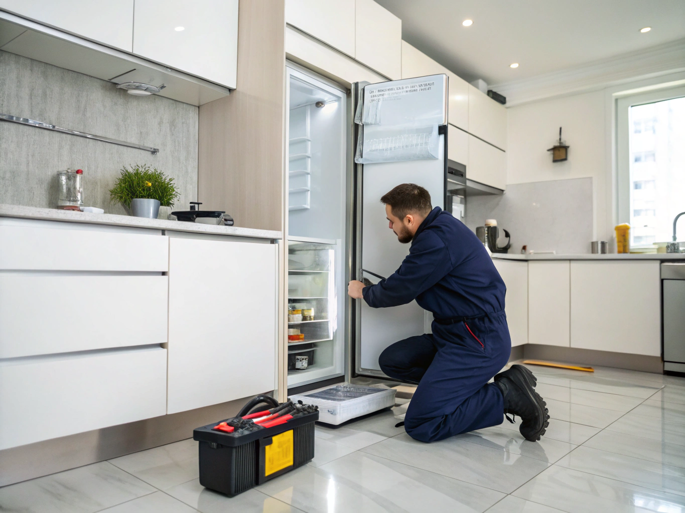 Modern stainless steel french door refrigerator in home kitchen