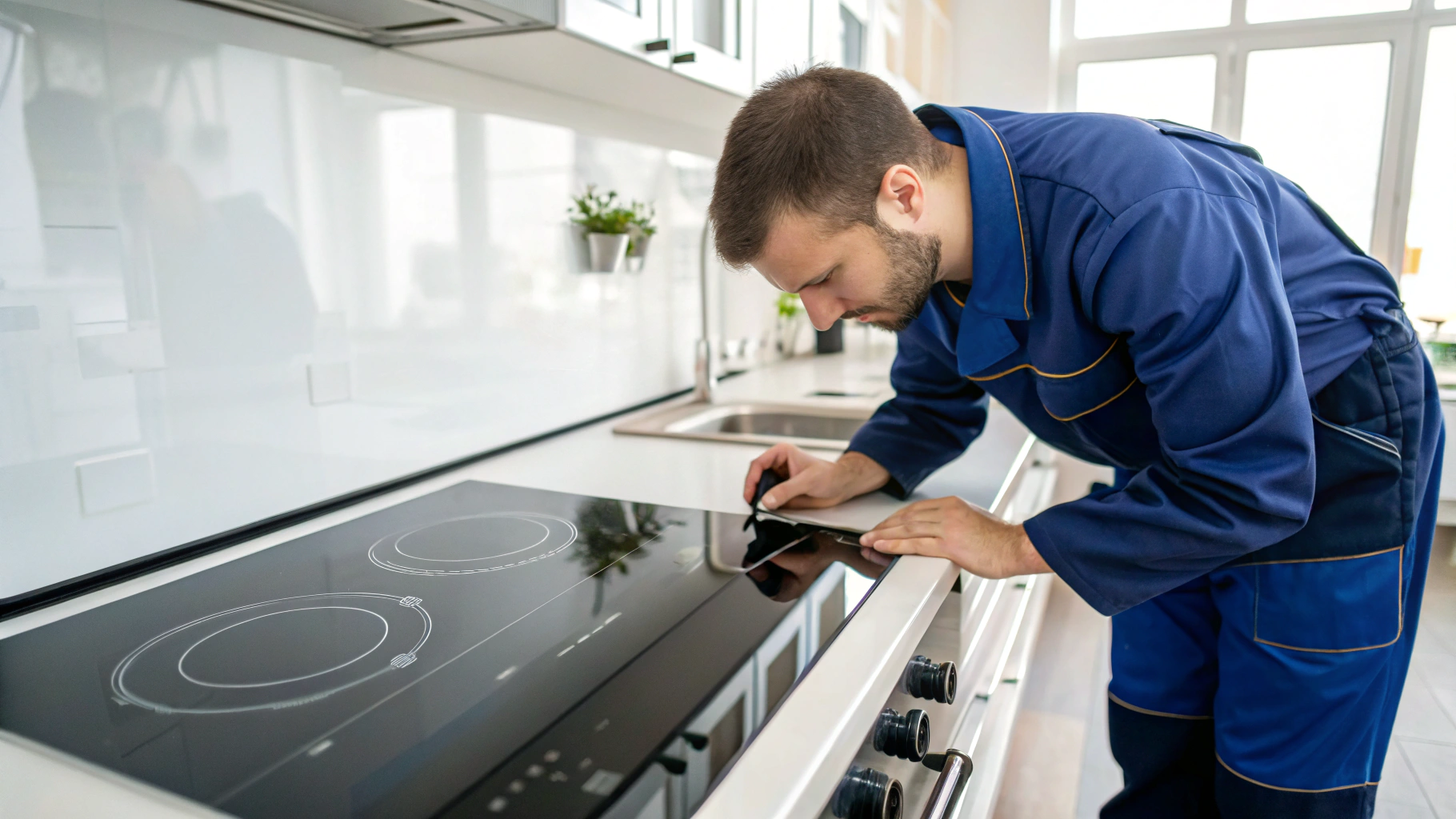 Appliance repair technician inspecting gas stove burner in Conyers Georgia kitchen
