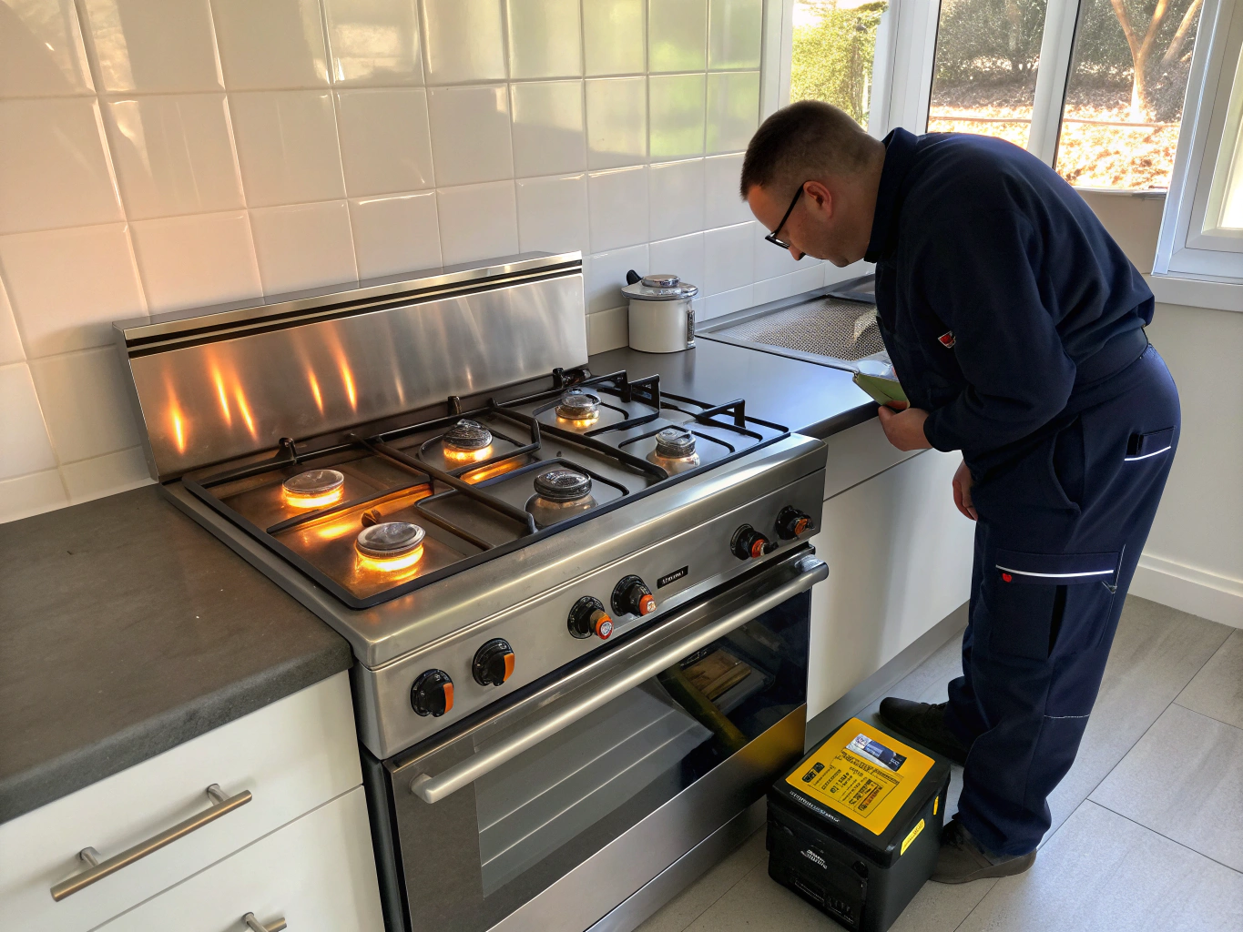 Certified technician servicing a kitchen gas range in Conyers GA