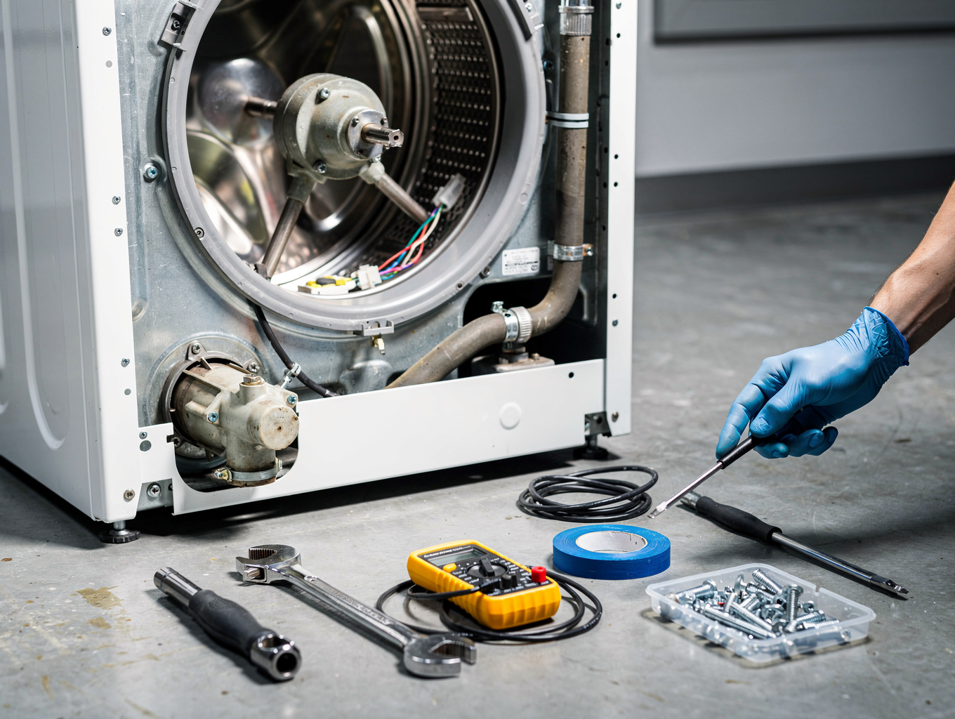 Technician inspecting a worn washing machine drum bearing and tub seal