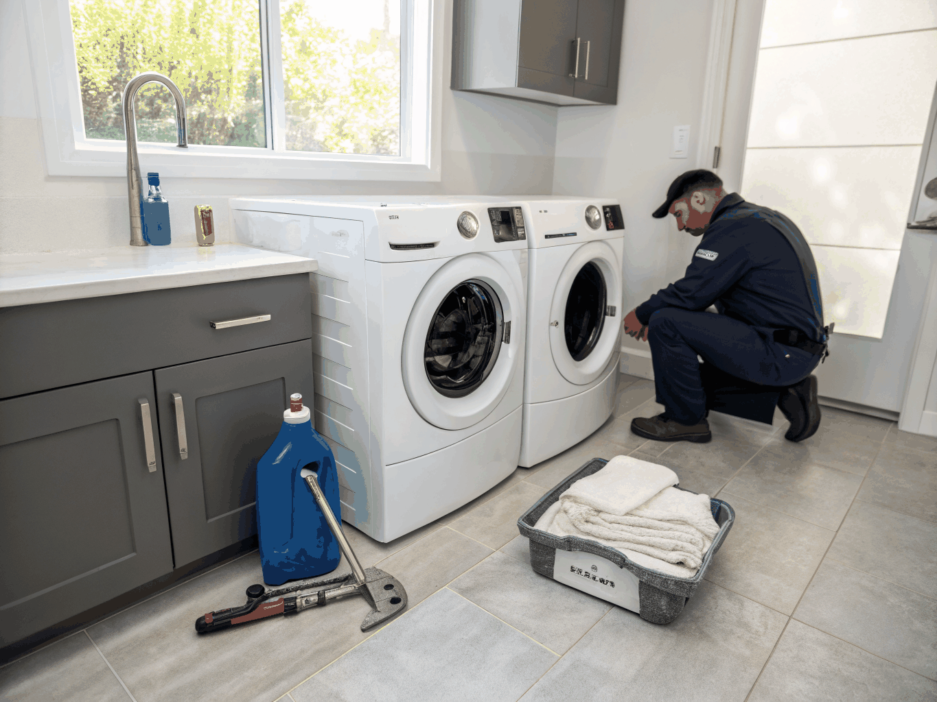 Professional laundry appliance repair in a residential laundry room