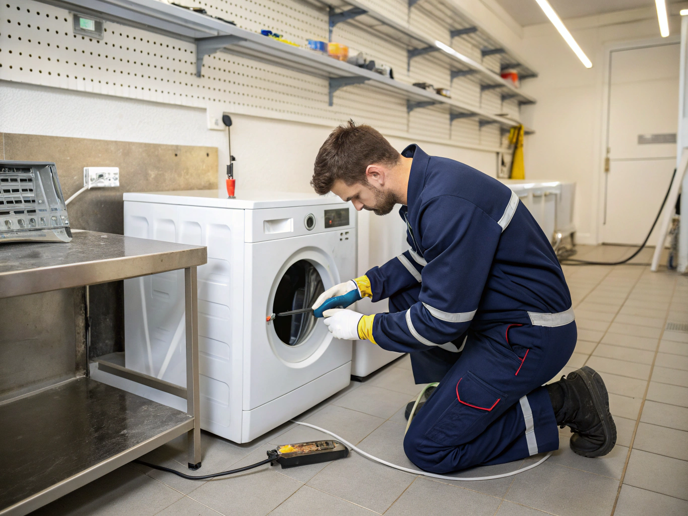 Professional technician diagnosing a washing machine in Conyers, GA