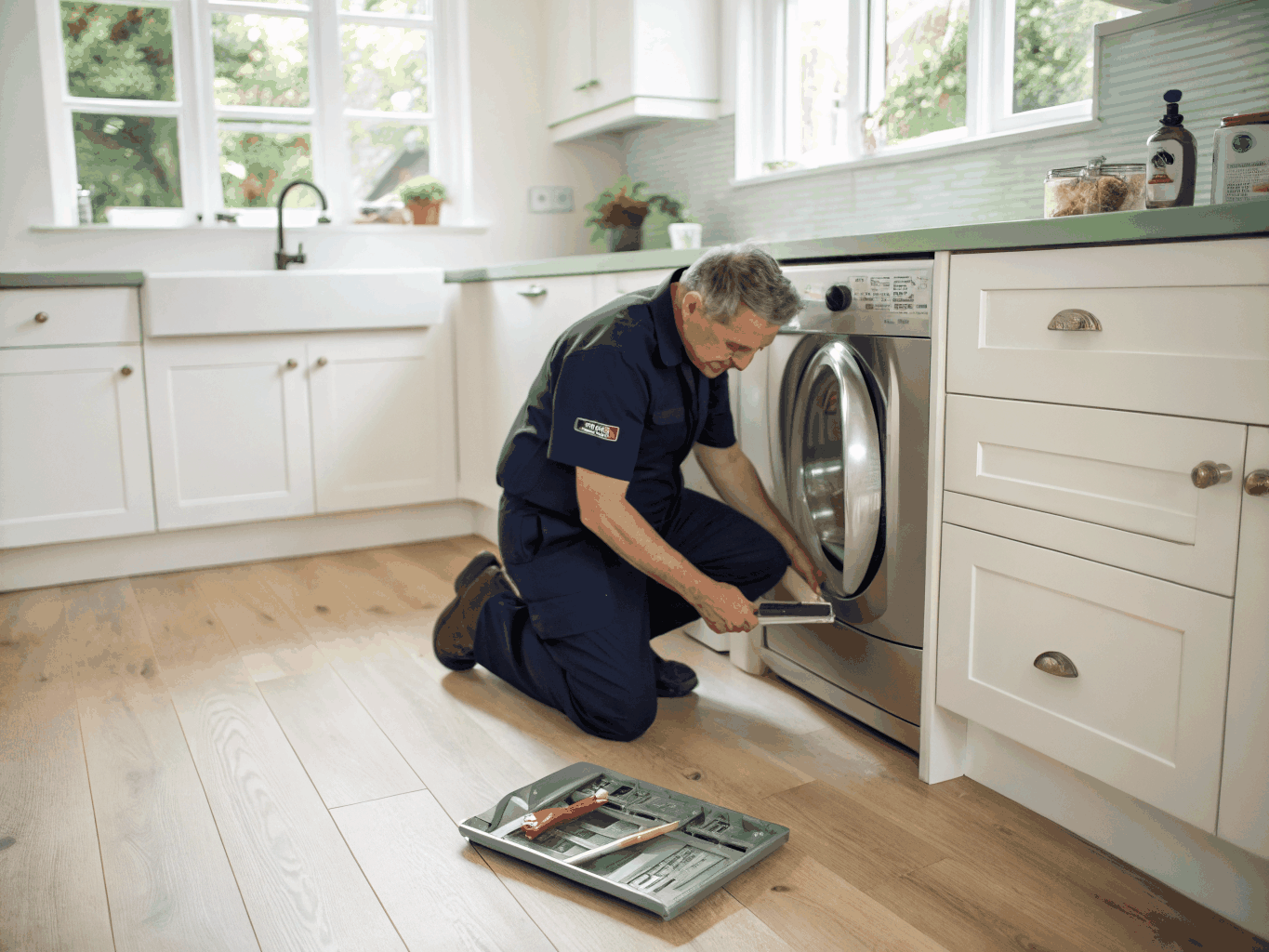 Modern front-load washing machine appliance in clean laundry room
