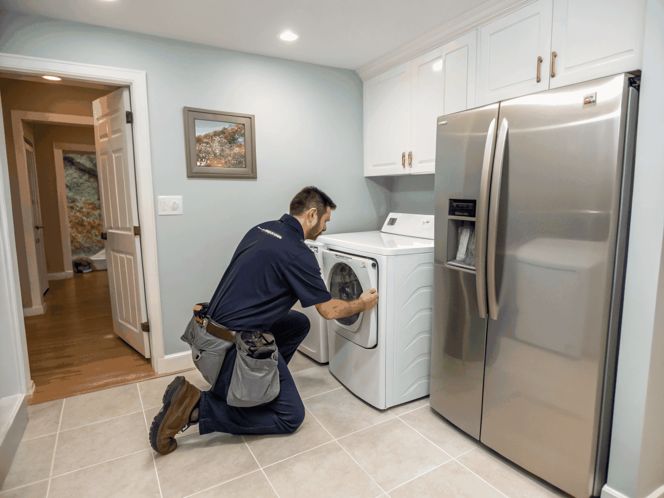 Certified appliance repair technician inspecting washing machine water inlet valve in Conyers GA