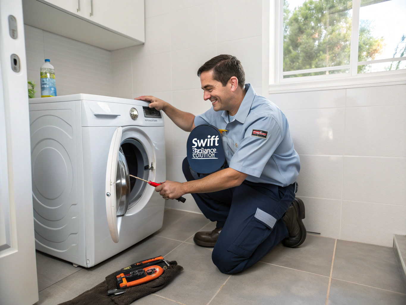Appliance repair technician inspecting a washing machine drum in Conyers, GA